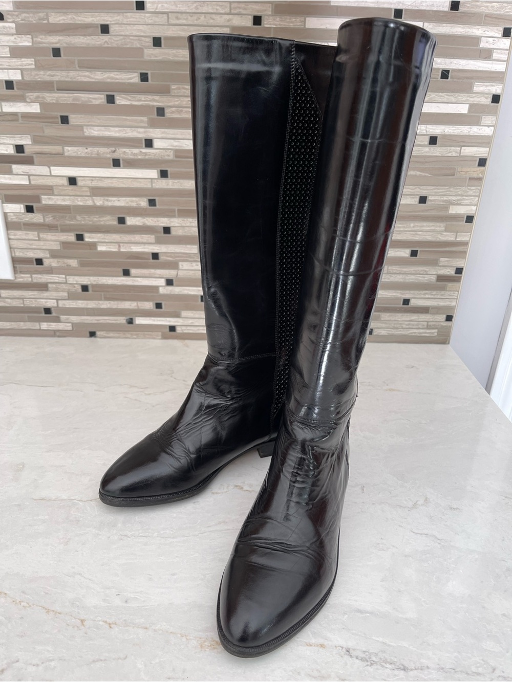 BALLY Black Patent Tall Leather Riding Boots w/ Perforated Trim & Low Heel, 6.5